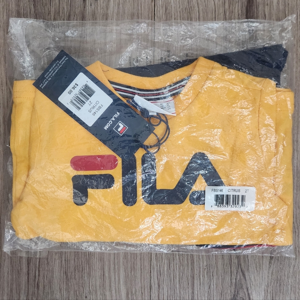 NWT FILA Spring 2 Piece Outfit Navy Blue Red Shorts Yellow Gold Logo T-Shirt 2T